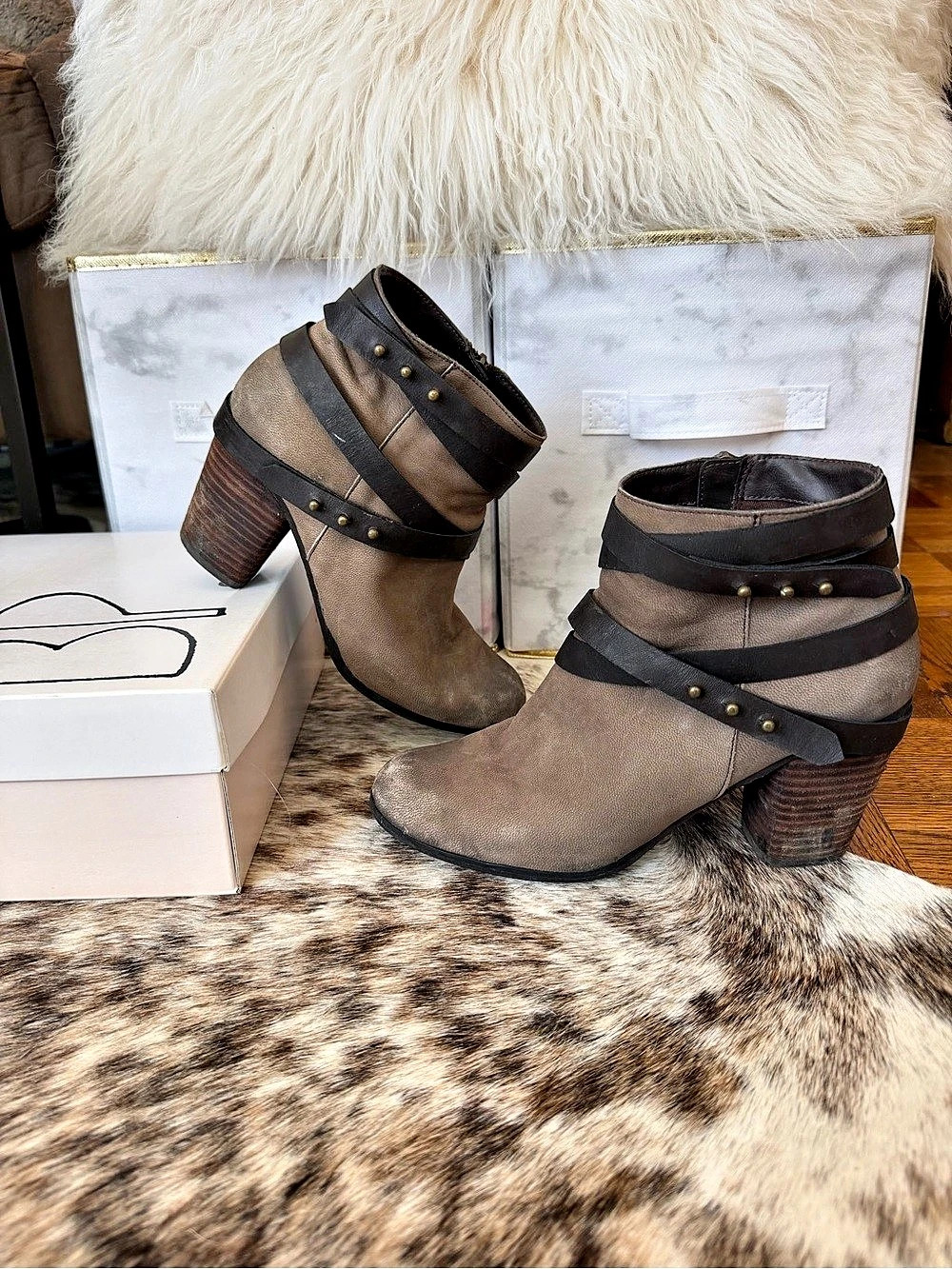 BP Taupe/Brown Strappy Ankle Booties, Stacked Heel with Stud Detail